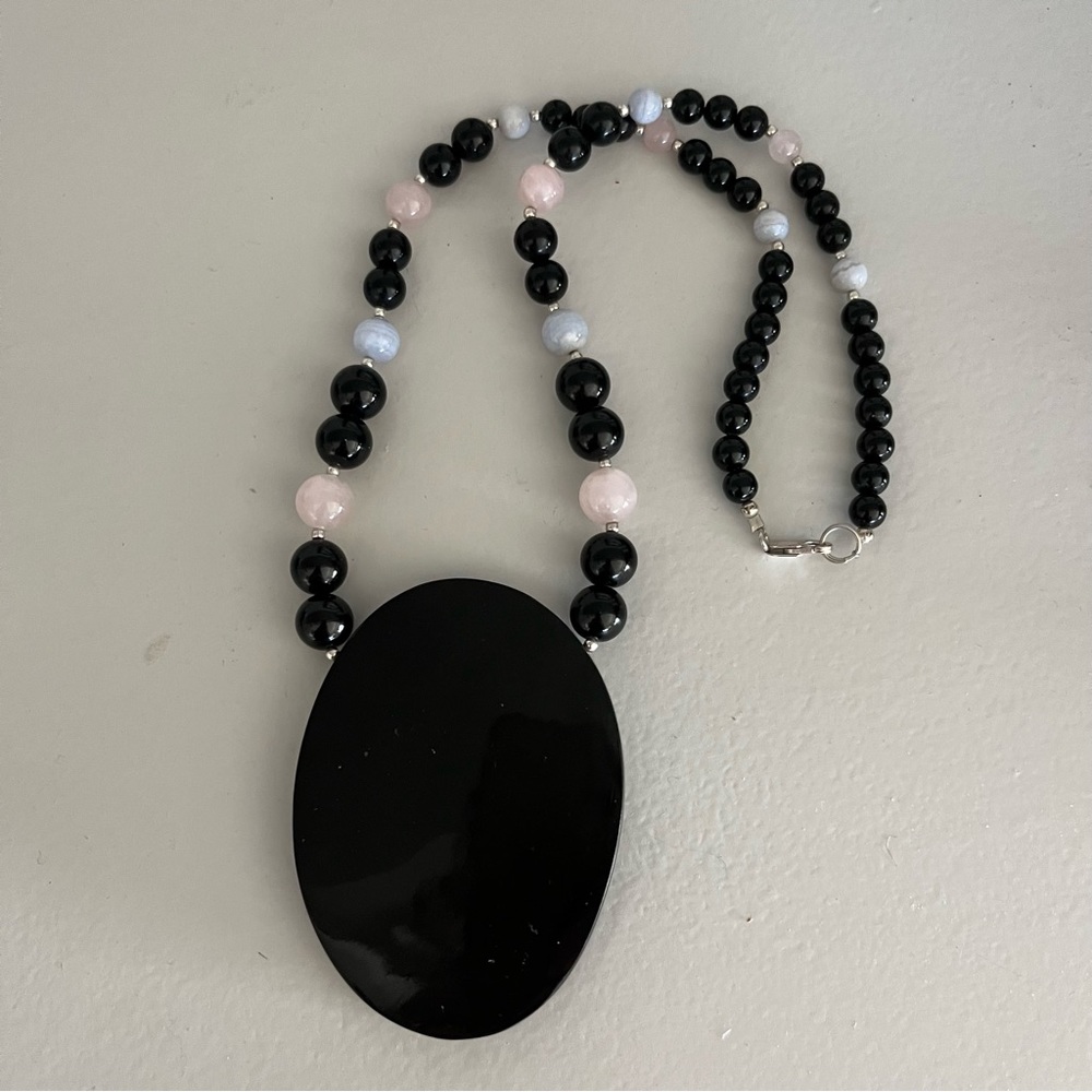 VTG Sterling 925 MOP Inlay Pink Jade BLK Onyx Agate Bead Designer Necklace - Picture 6 of 12